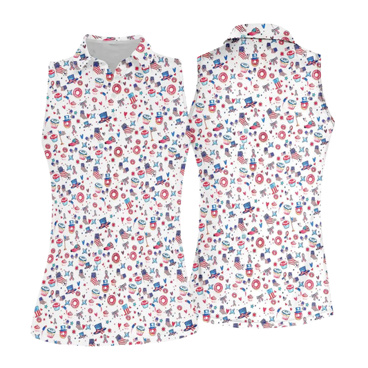 4th Of July USA Pattern Sleeveless Golf Shirt For Ladies, Women's Independence Day Golf GE0501 Shirt