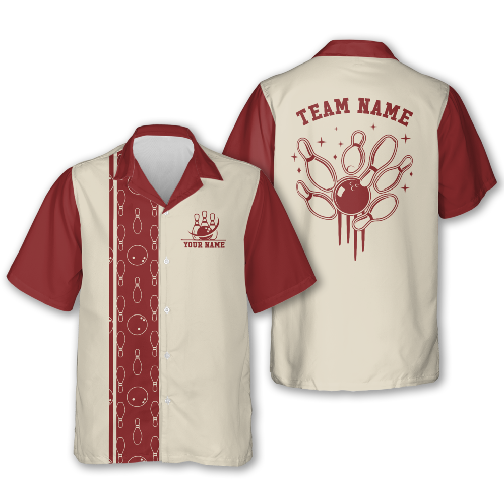 Custom Red And Beige Retro Hawaiian Bowling Shirt For Mens, Custom Retro Bowling Team Shirts HB0187