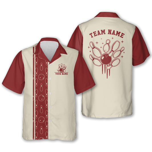 Custom Red And Beige Retro Hawaiian Bowling Shirt For Mens, Custom Retro Bowling Team Shirts HB0187
