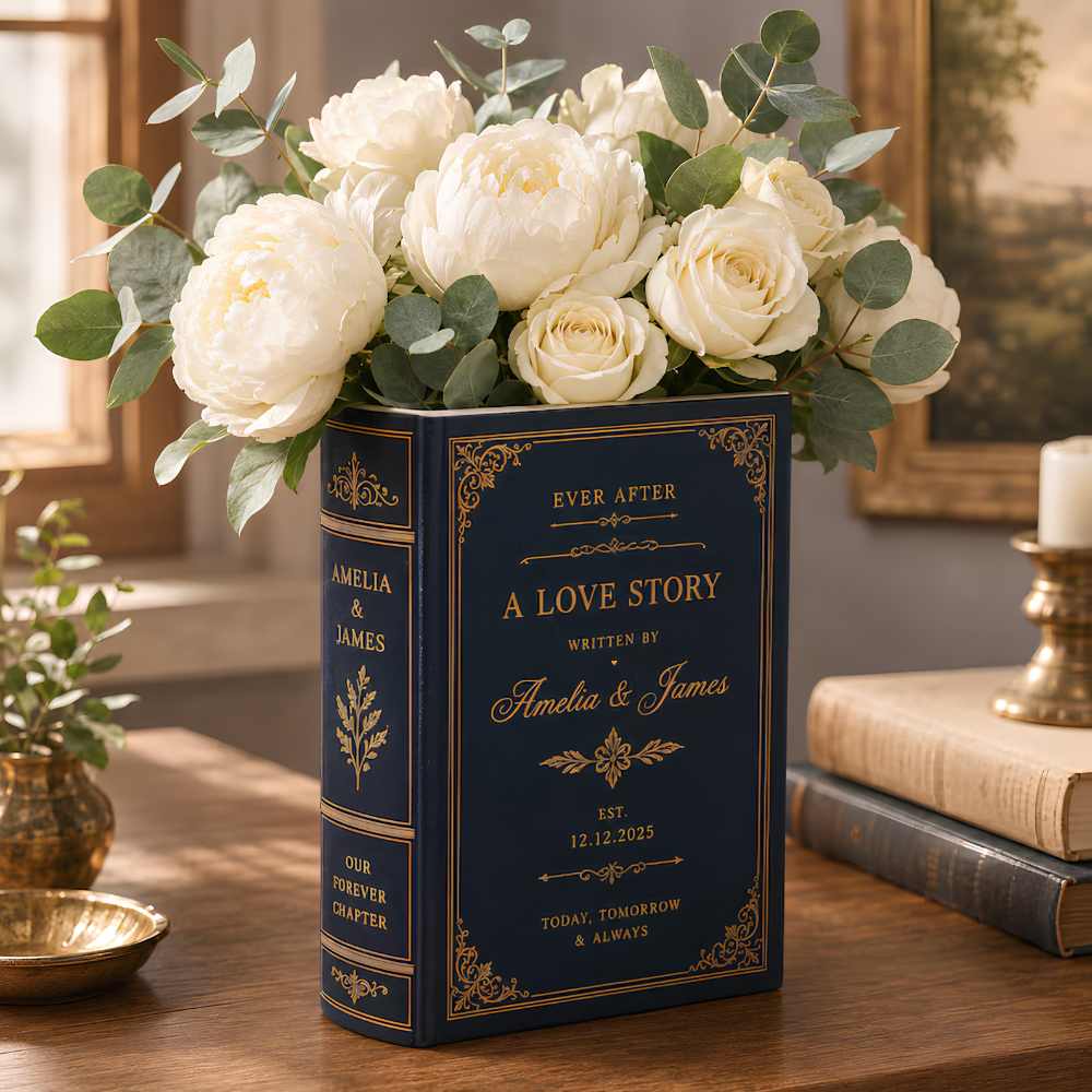 Personalized Love Story Wedding Navy Ceramic Book Vase, Personalized Wedding Book Vase WD0597