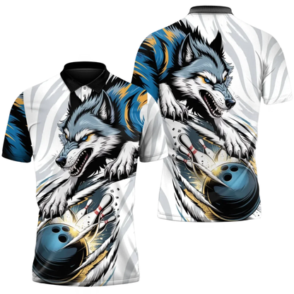 Custom Wolf Men's Blue White Bowling Polo Shirt, Custom Wolf Bowling Shirt For Team BZ0800