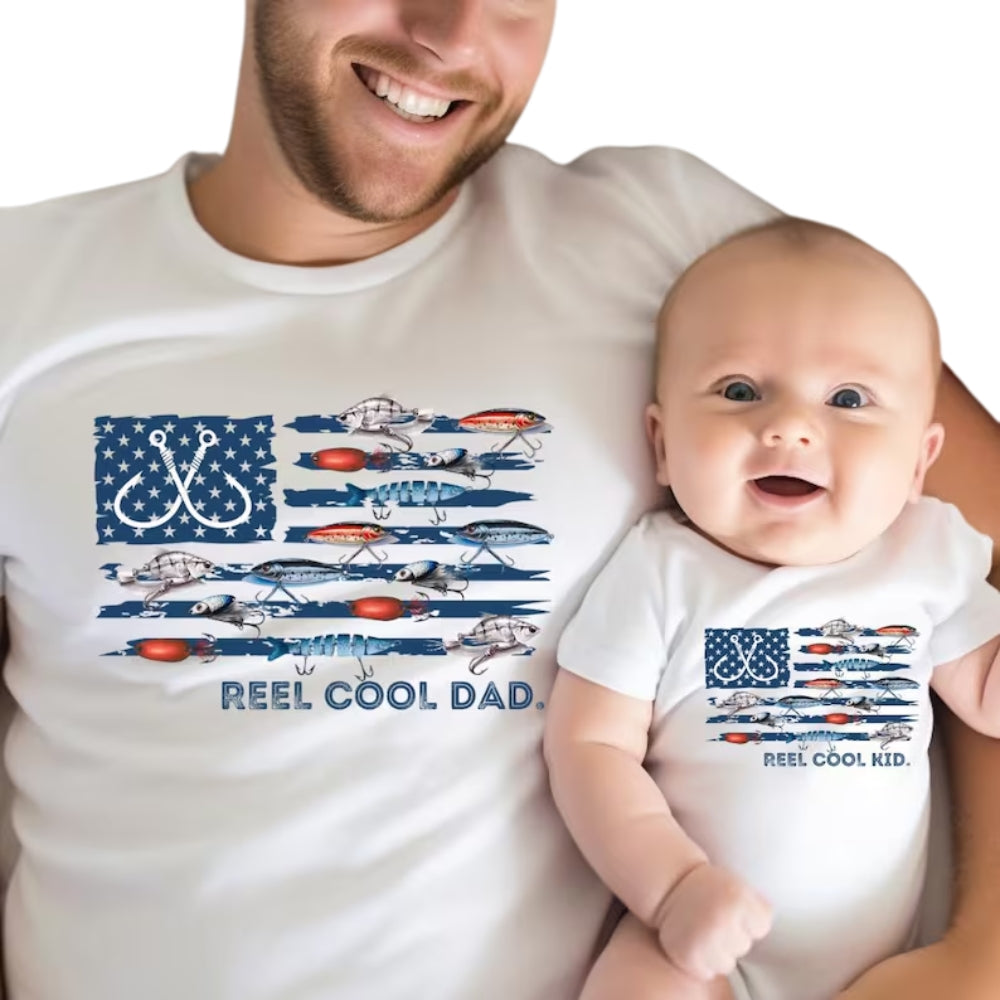 Reel Cool Dad Reel Cool Kid USA Flag Fishing Matching Shirt For Father Son, Daddy And Me Fishing Matching Shirts ET1000