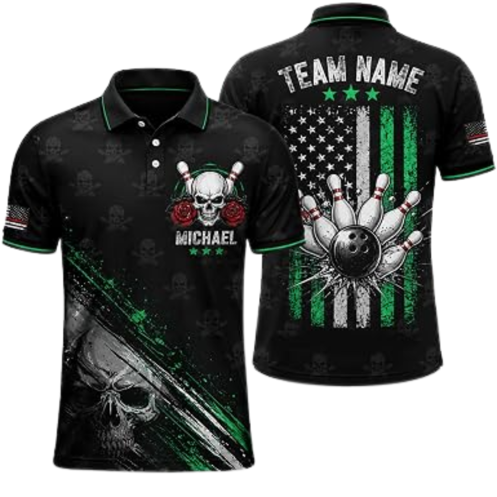 Skull American Flag Custom Mens Bowling Polo Shirt, Custom Skull Bowling Shirt For Team BZ0953