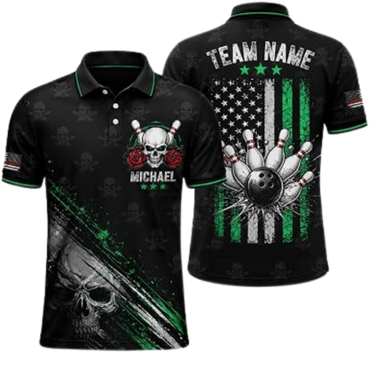 Skull American Flag Custom Mens Bowling Polo Shirt, Custom Skull Bowling Shirt For Team BZ0953