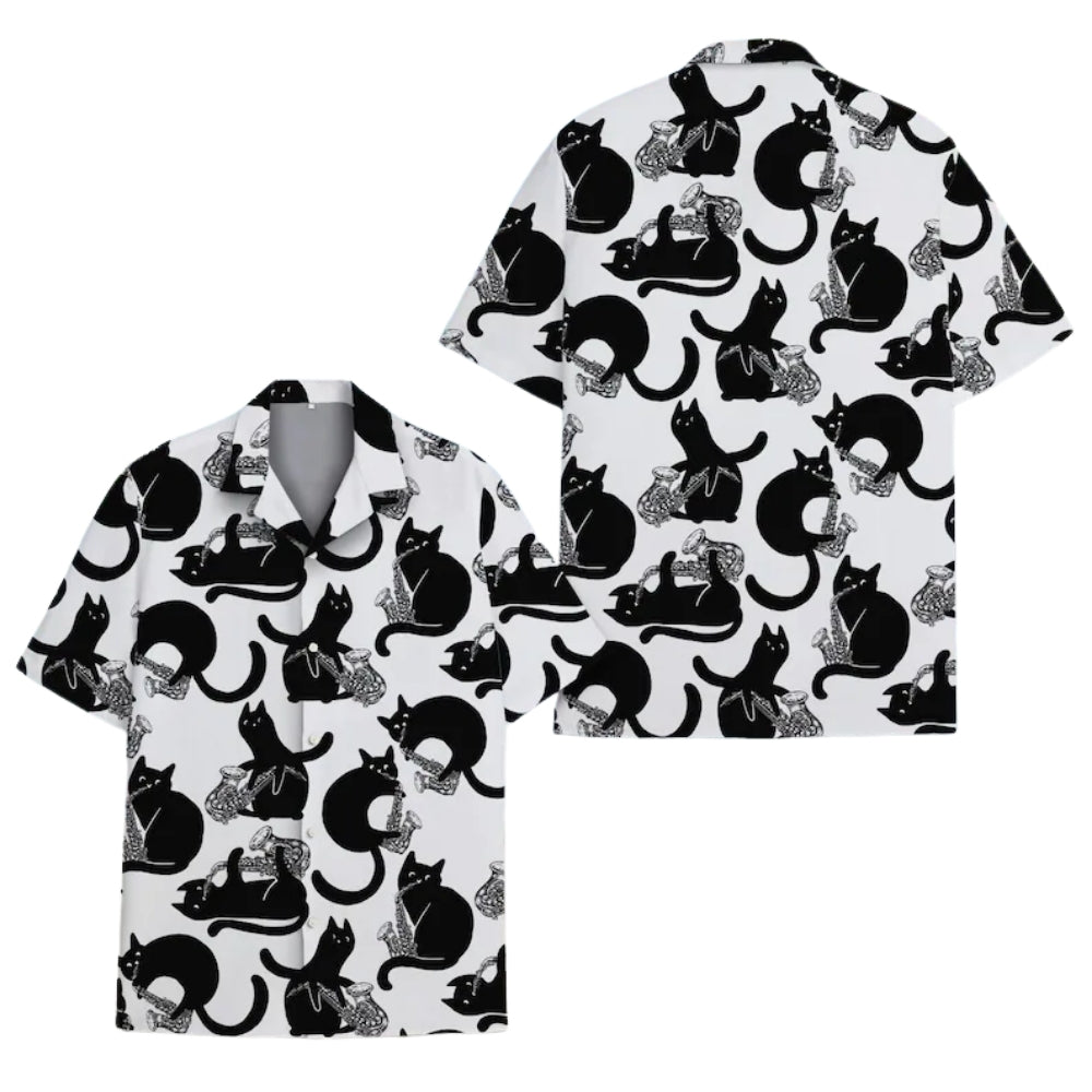 Black Cat And Saxophone Hawaiian Shirts For Men Women, Saxophone Hawaiian Shirts For Cat Lover HE0397