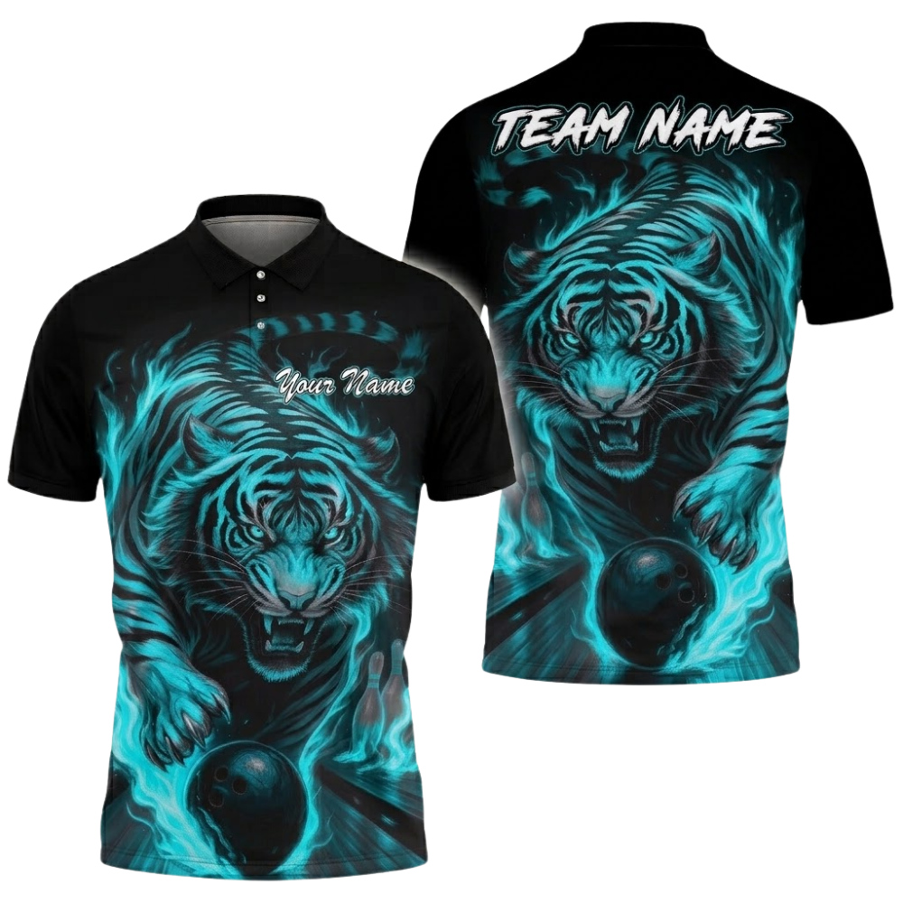 Tiger Flame Custom Mens Blue Bowling Polo Shirt, Custom Tiger Bowling Shirt Team BZ0831