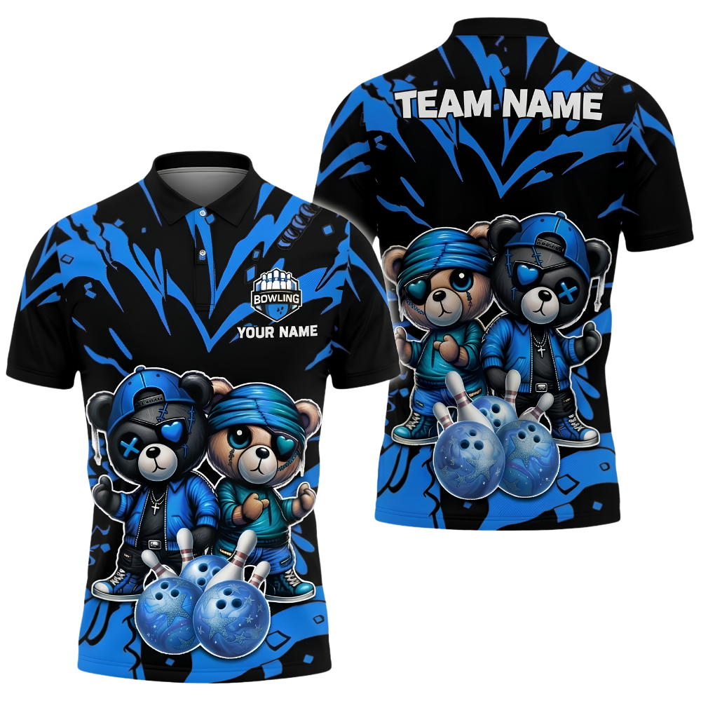 Teddy Bear Couple Custom Bowling Polo Shirt, Custom Bear Bowling Team Shirts BZ1025