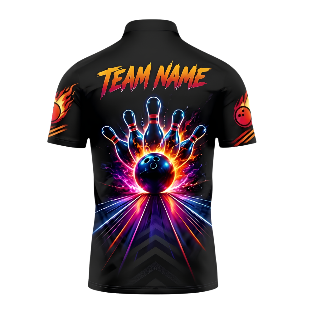 Neon Ball And Pins Custom Bowling Team Polo Shirt For Men, Custom Bowling Shirt BZ1011