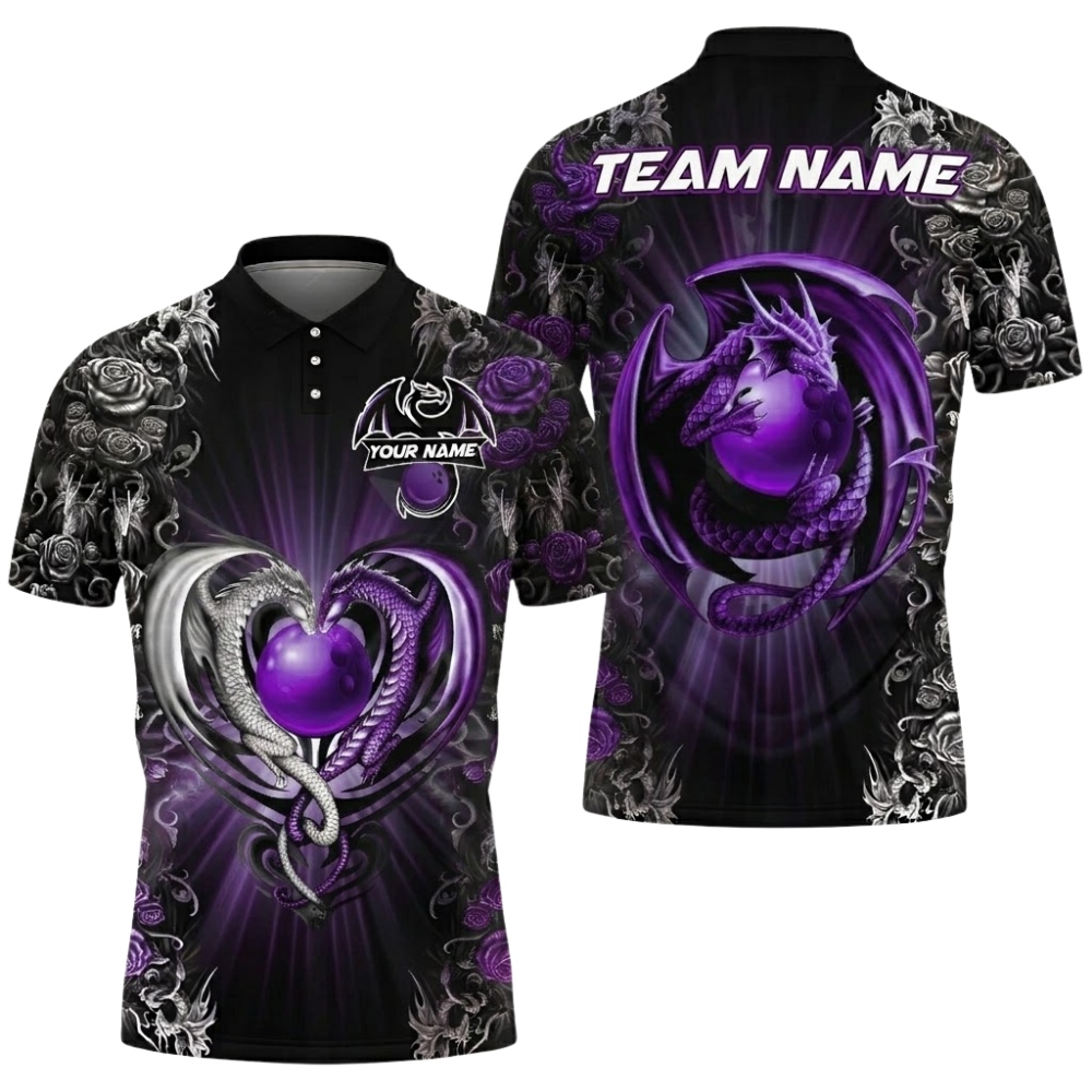 Dragon And Rose Custom Mens Red Black Bowling Polo Shirt, Custom Dragon Bowling Team Shirts BZ0824