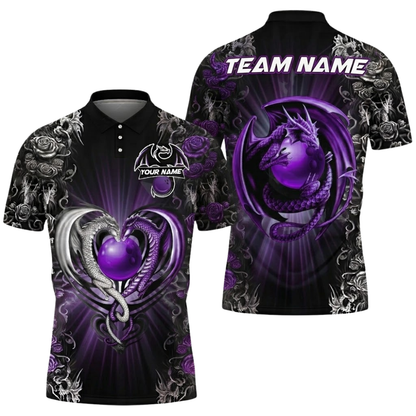 Dragon And Rose Custom Mens Red Black Bowling Polo Shirt, Custom Dragon Bowling Team Shirts BZ0824