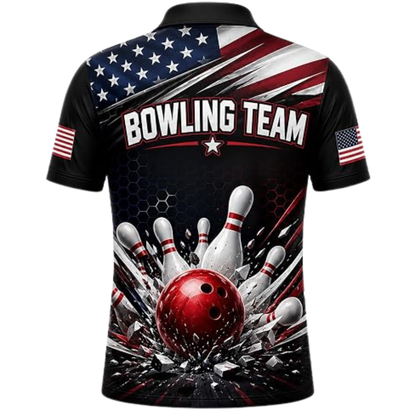 Custom USA Flag Bowling Men Polo Shirt Black, Custom Patriotic Bowling Shirt Team BZ0869
