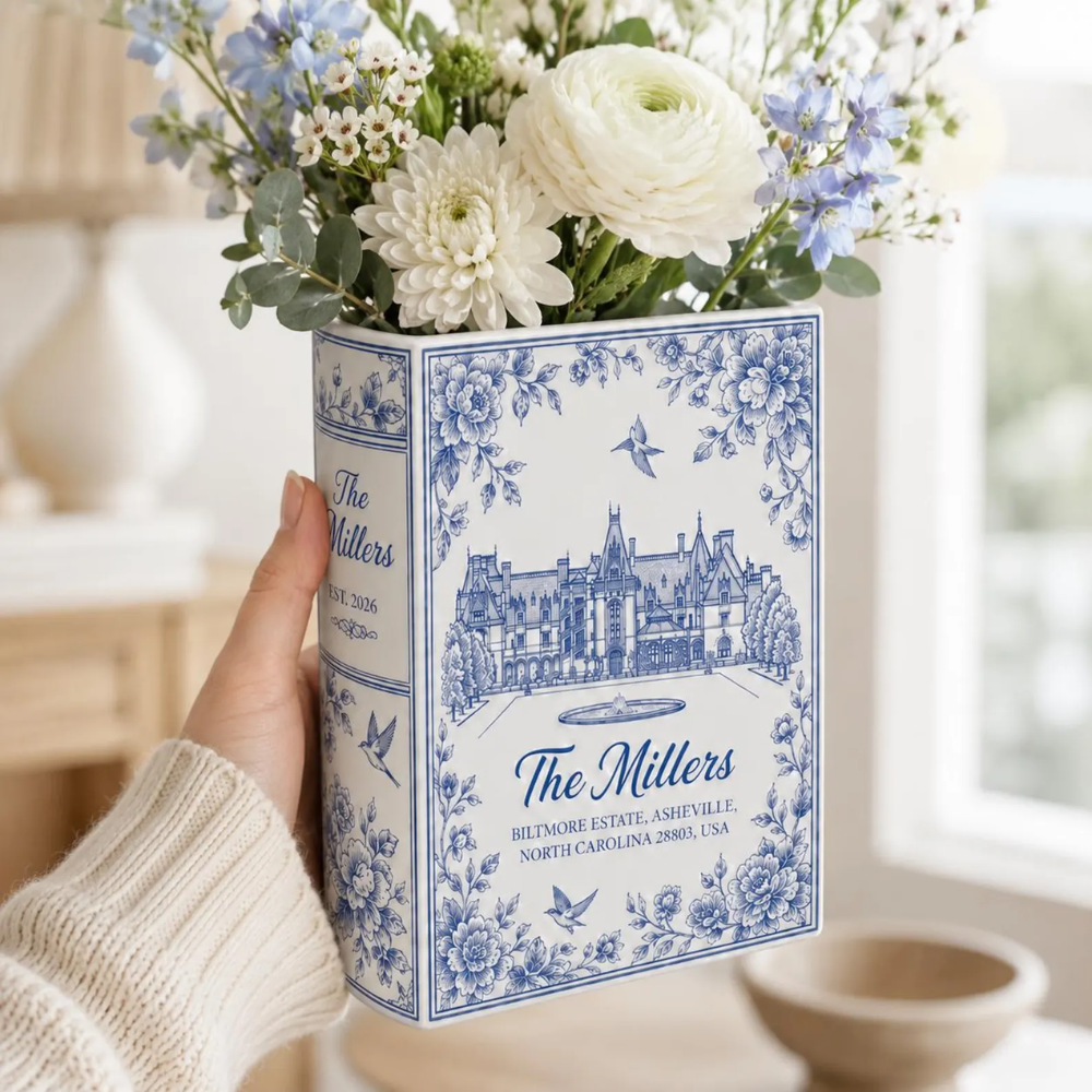 Custom Photo Wedding Venue Toile De Jouy Ceramic Book Vase, Custom Wedding Destination Book Vase With Picture WD0646