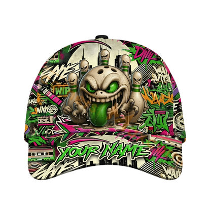 Custom Bowling Funny Pins And Ball Graffiti Baseball Cap, Custom Bowling Cap Hat CP0696