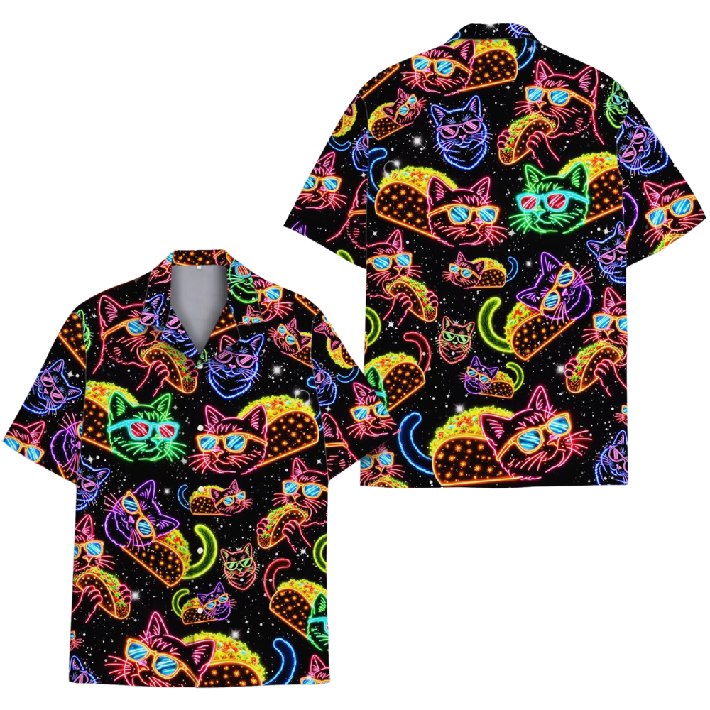 Neon Cat Taco Hawaiian Shirt For Men Women, Cat Hawaiian Shirt HE0552