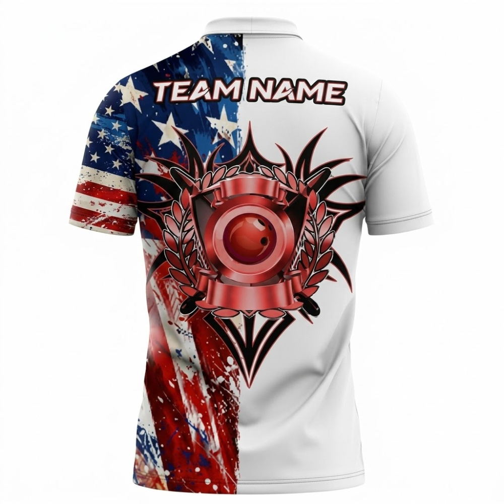 American Flag Custom White Red Blue Mens Bowling Polo Shirt, Custom Patriot Bowling Shirt For Team BZ0841