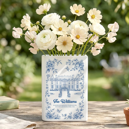 Personalized Wedding Venue Photo Toile de Jouy Ceramic Book Vase, Custom Photo Destination Wedding Book Vase WD0645