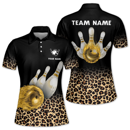 Custom Leopard Flame Bowling Polo Shirt For Ladies, Women's Custom Leopard Bowling Team Shirts BW0163