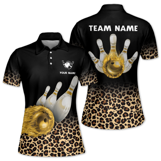 Custom Leopard Flame Bowling Polo Shirt For Ladies, Women's Custom Leopard Bowling Team Shirts BW0163