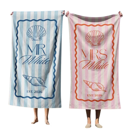 Personalized Mr and Mrs Fisher Beach Towel, Custom Newlyweds Honeymoon Wedding Beach Towel For Couple WD0247
