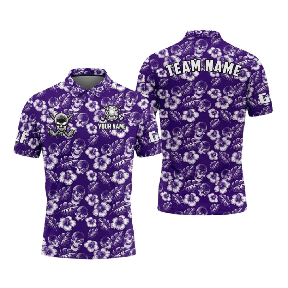 Custom Team Skull Flowers Hawaii Golf Polo Shirt For Men, Custom Skull Golf Shirts GZ0411