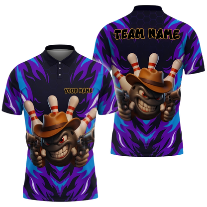 Custom Cowboy Ball Flame Bowling Men Polo Shirt, Custom Western Team Bowling Shirt BZ1023