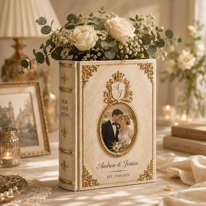 Custom Photo Royal Crown Wedding Ceramic Book Vase, Custom Wedding Book Vase With Picture WD0647