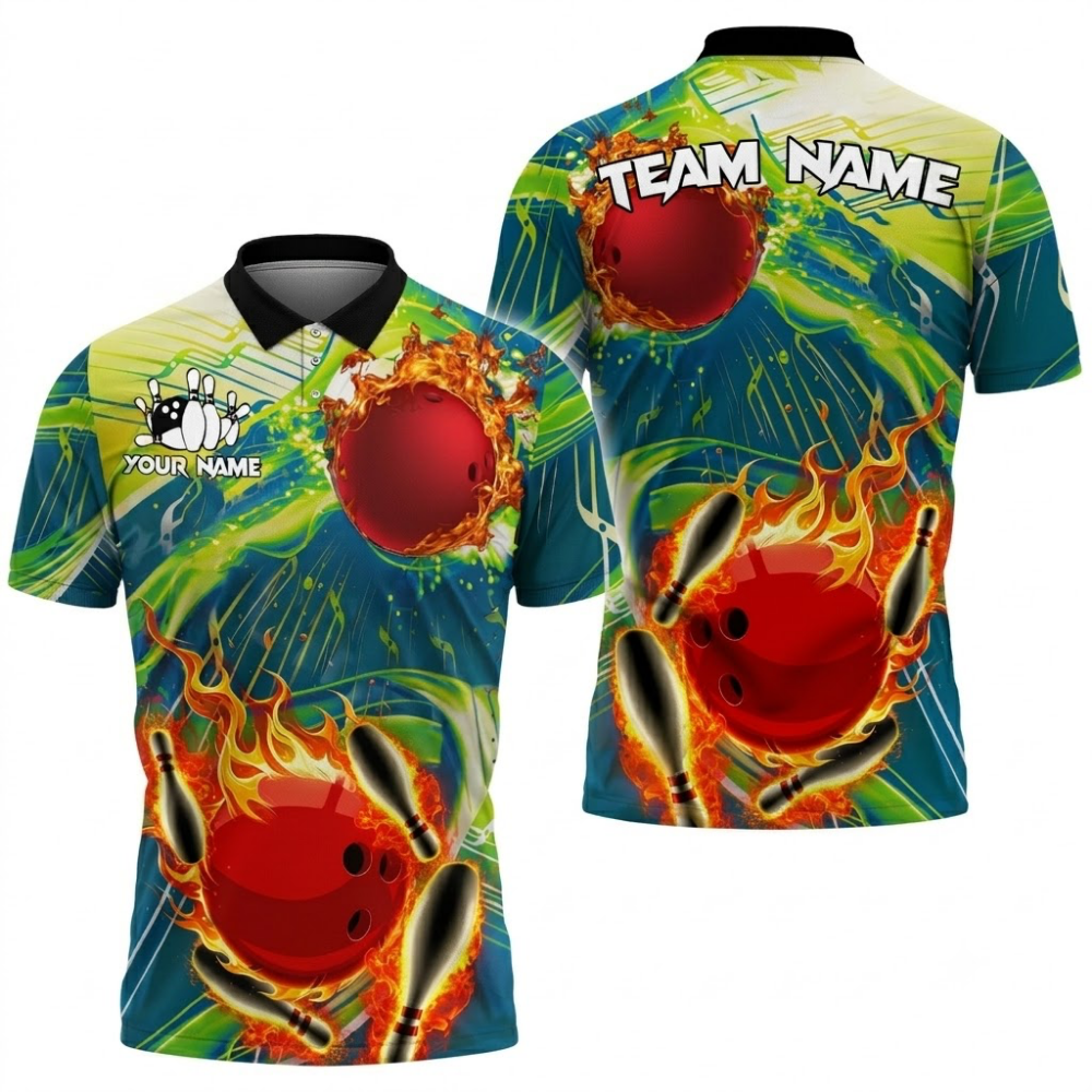 Fire Pins And Ball Custom Bowling Polo Shirt For Men, Custom Flame Bowling Team Shirts BZ0733