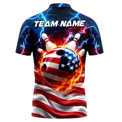 Custom Amrican Flag Ball Fire Bowling Polo Shirt For Men, Custom Patriotic Bowling Team Shirt BZ0997