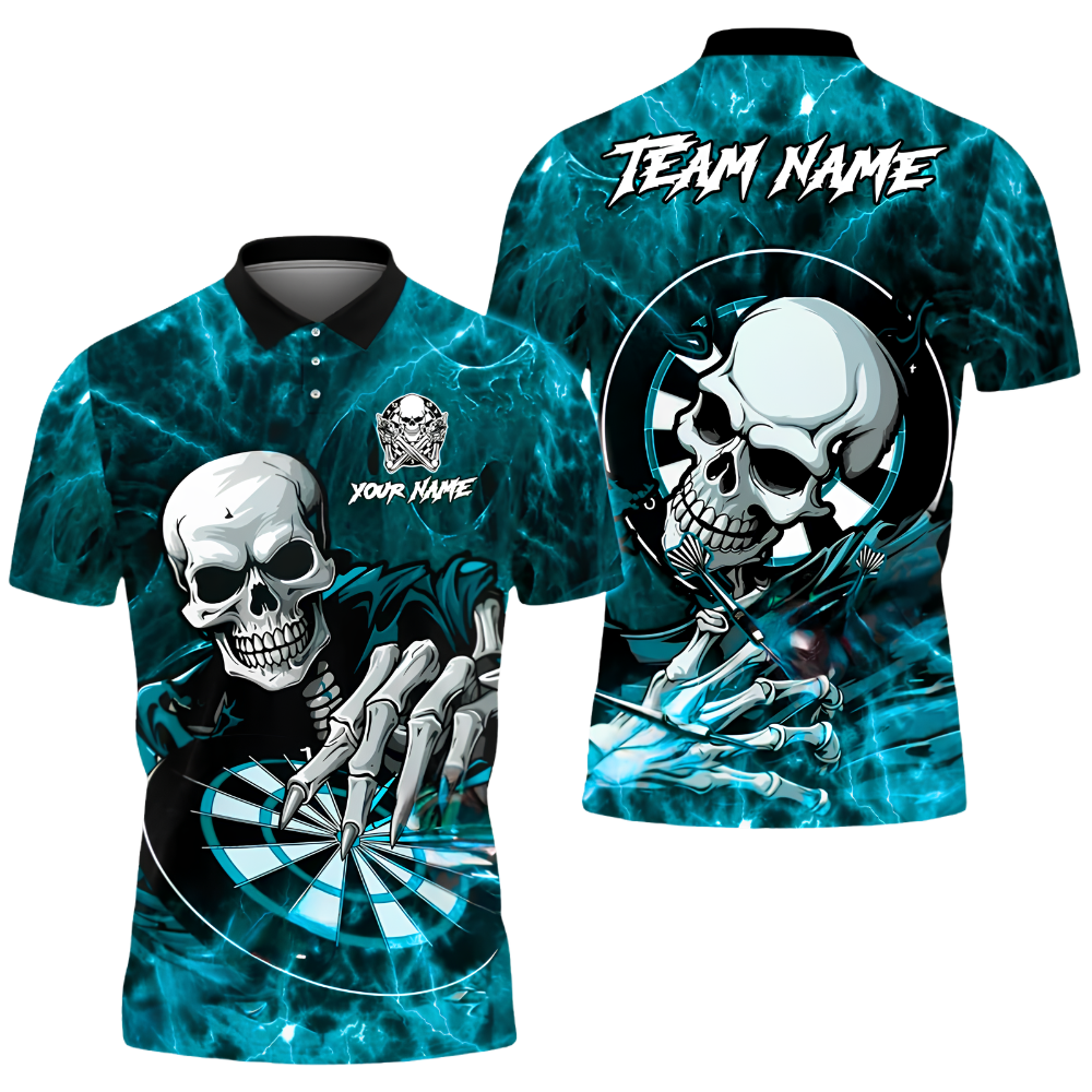 Custom Skull Blue Flame Darts Polo Shirt For Men, Custom Skull Darts Team Shirt DZ0171