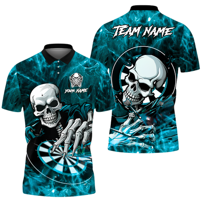 Custom Skull Blue Flame Darts Polo Shirt For Men, Custom Skull Darts Team Shirt DZ0171