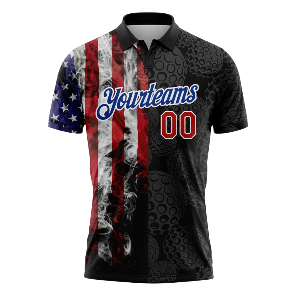 Custom Team USA Flag Golf Ball Pattern Black Golf Polo Shirt For Men, Customized Patriotic Golf Shirt GZ0408