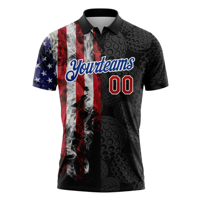 Custom Team USA Flag Golf Ball Pattern Black Golf Polo Shirt For Men, Customized Patriotic Golf Shirt GZ0408