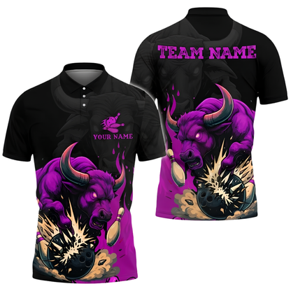 Custom Bull Red Black Bowling Polo Shirt For Men, Custom Bull Bowling Team Shirt BZ1037