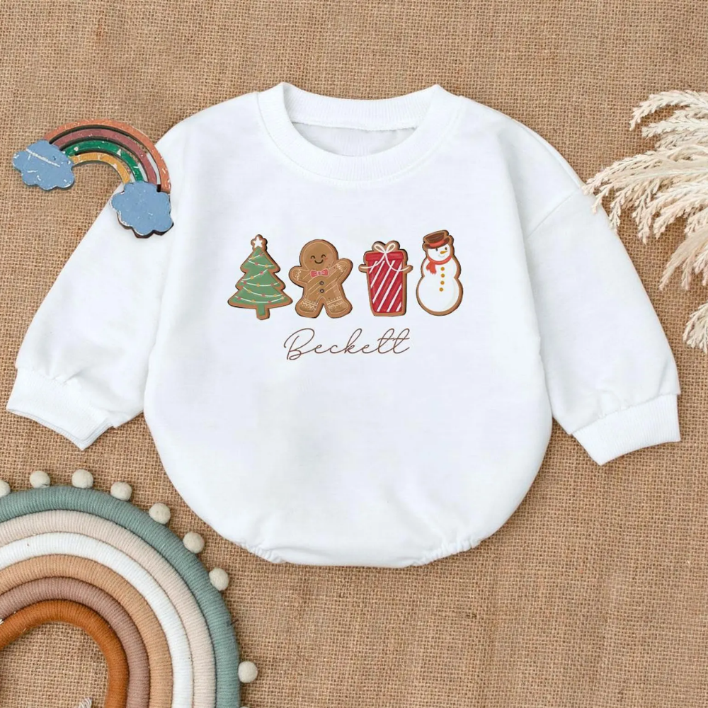 Personalized Cute Gingerbread Snowman Baby Romper Sweatshirt, Custom Christmas Baby Romper Sweatshirt BB0097