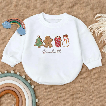 Personalized Cute Gingerbread Snowman Baby Romper Sweatshirt, Custom Christmas Baby Romper Sweatshirt BB0097