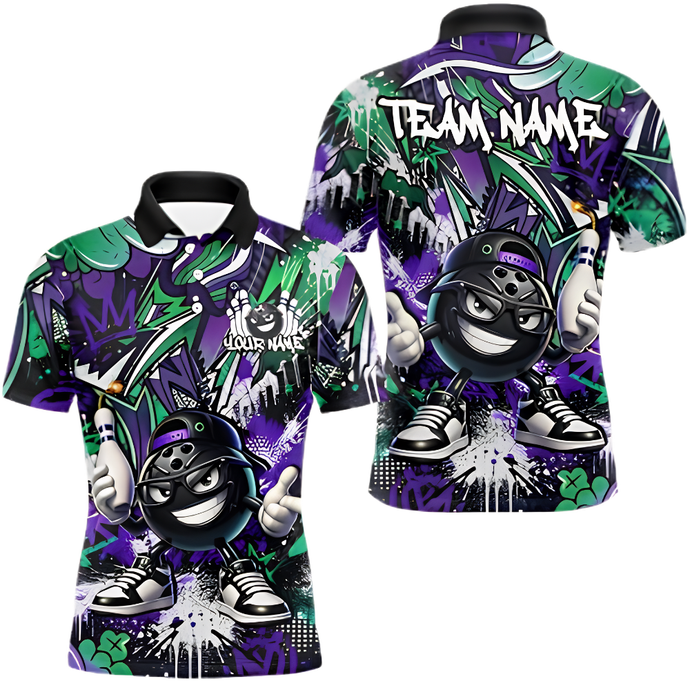 Custom Funny Ball Graffiti Bowling Polo Shirt Mens, Custom Team Bowling Shirts BZ0914