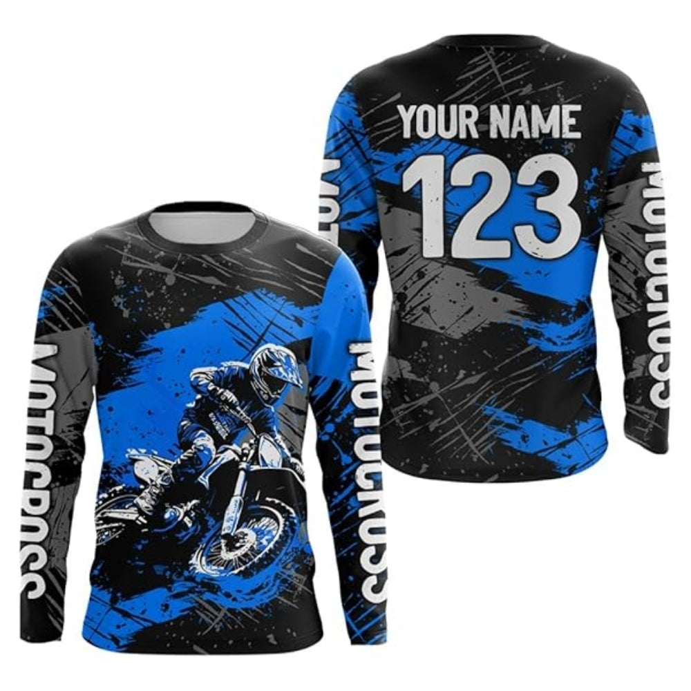 Custom Rider Motocross Racing Black And Blue Long Sleeve Jersey For Men, Custom Dirt Bike Shirts MZ0004