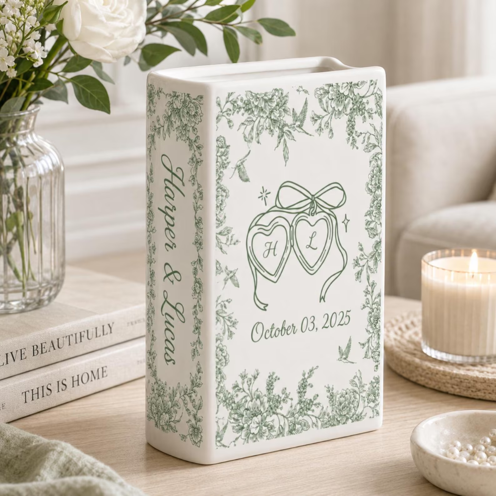 Personalized Toile De Jouy Wedding Engagement Ceramic Book Vase, Custom Monogram Couple Name Initials Wedding Book Vase WD0613