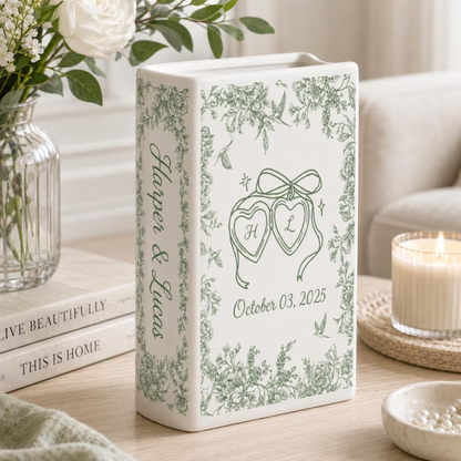 Personalized Toile De Jouy Wedding Engagement Ceramic Book Vase, Custom Monogram Couple Name Initials Wedding Book Vase WD0613