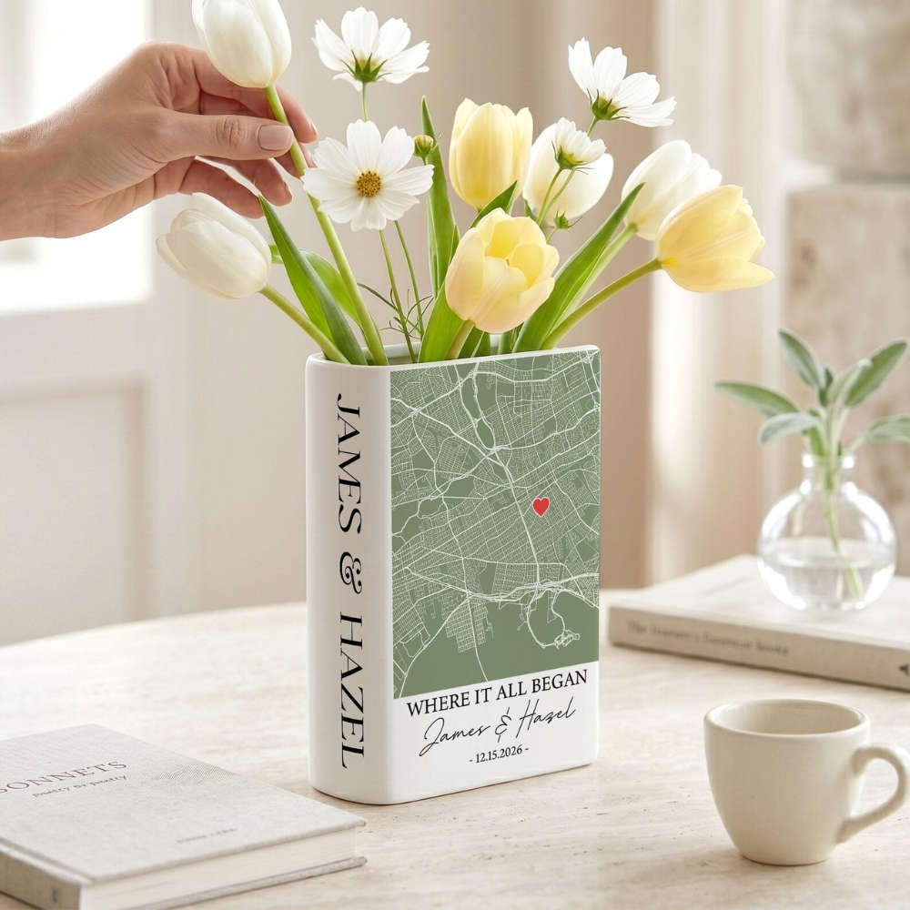 Where It All Began Custom Coordinates Wedding Book Ceramic Vase, Custom Location Wedding Book Vase WD0640