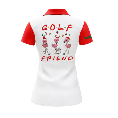 Golf Friends Personalized  Christmas Flamingo Argyle Golf Polo Shirts For Women, Custom Flamingo Ladies Golf Shirts GZ0419