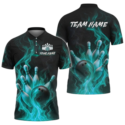 Custom Flaming Ball Bowling Men Polo Shirt, Custom Flame Bowling Shirts For Team BZ0509