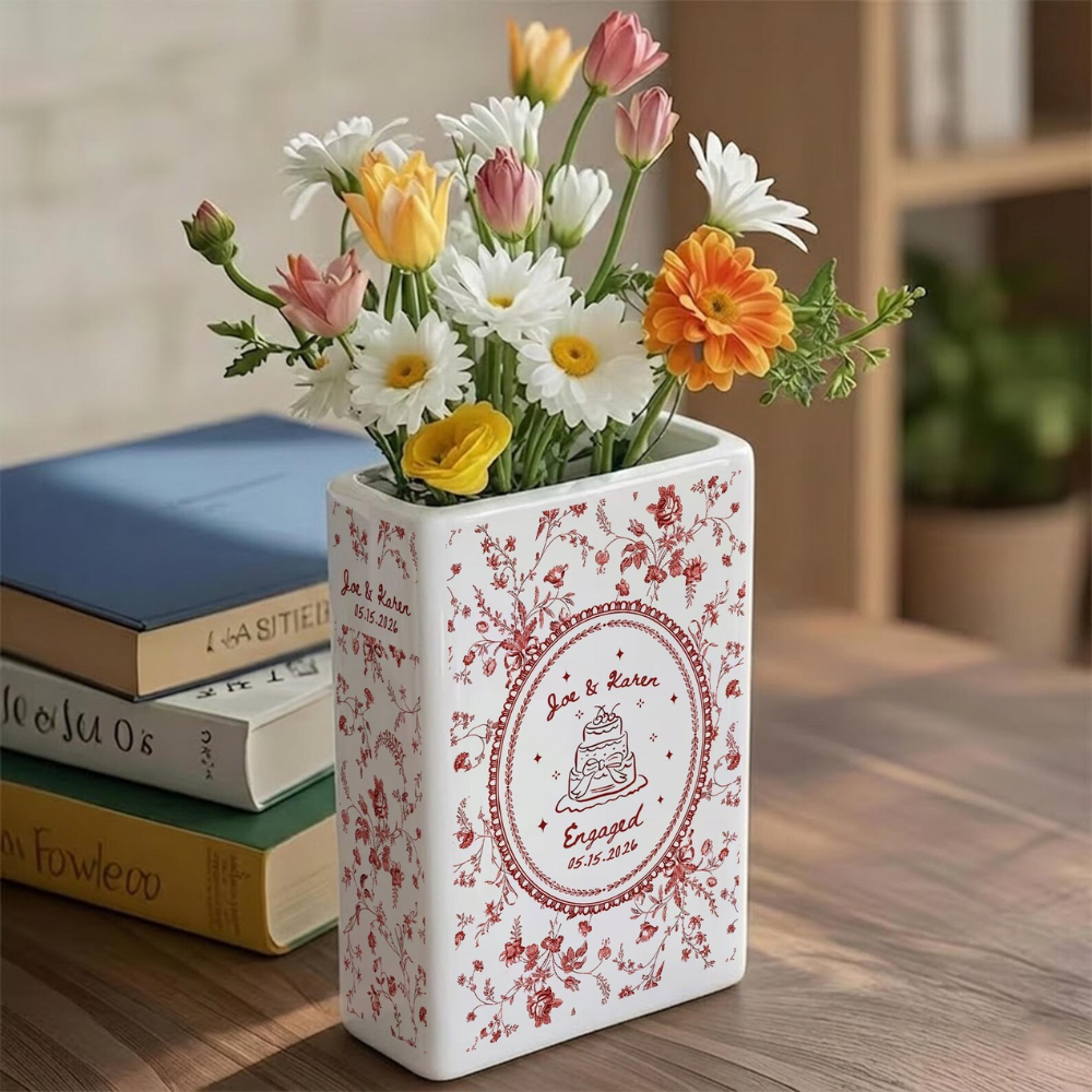Personalized Engagement Toile De Jouy Ceramic Book Vase, Custom Engaged Book Vase WD0617