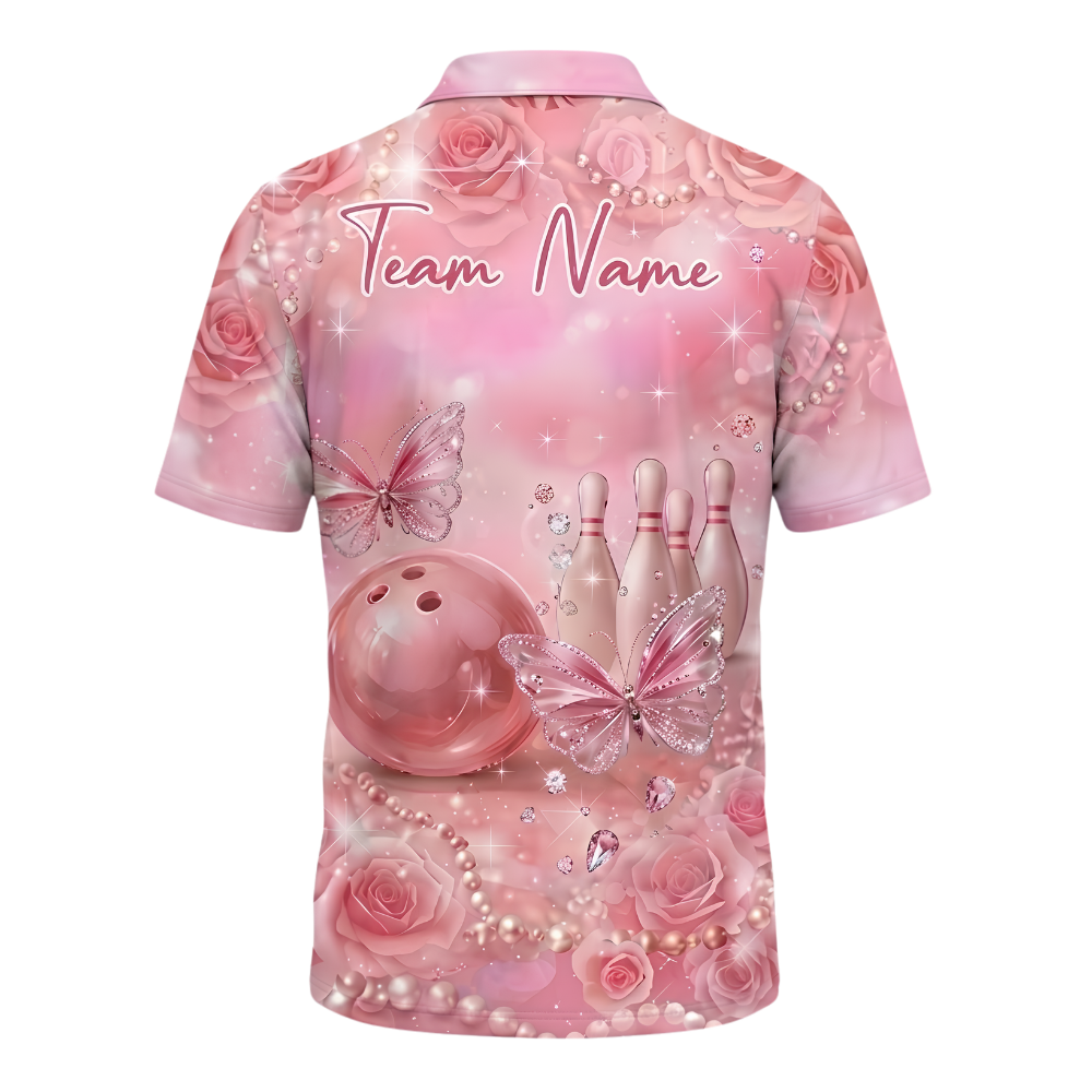 Custom Butterflies Pink Bowling Polo Shirt For Men, Custom Team Butterfly Bowling Shirt BZ1035