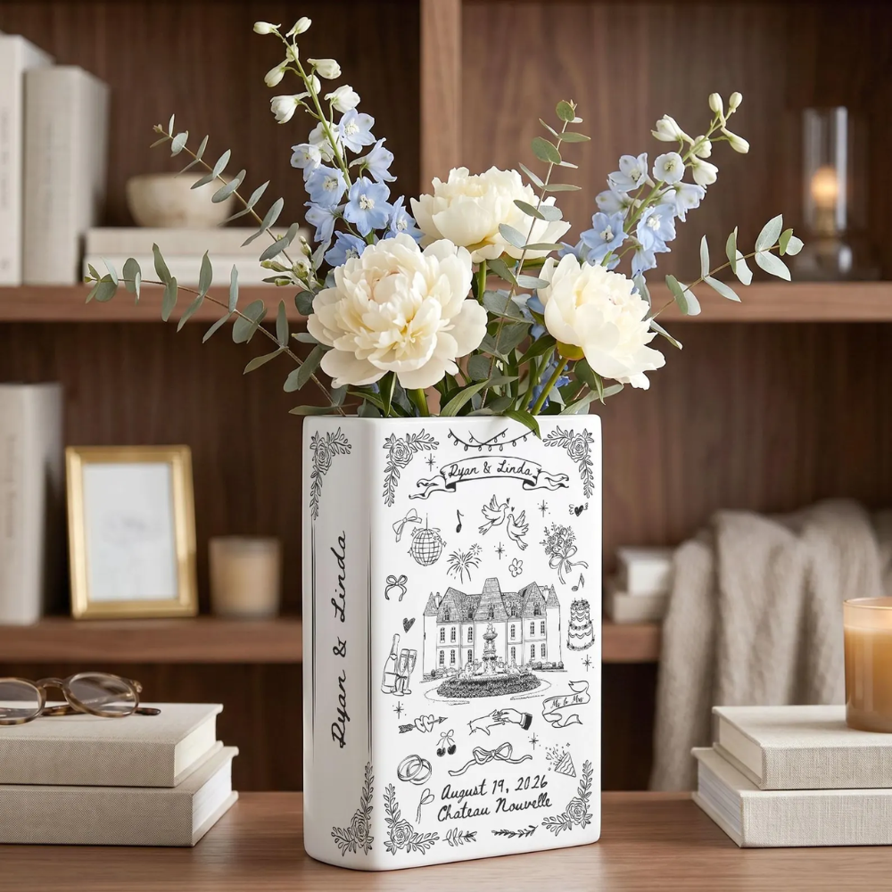 Custom Wedding Venue Photo Ceramic Book Vase, Custom Destination Wedding Book Vase WD0644