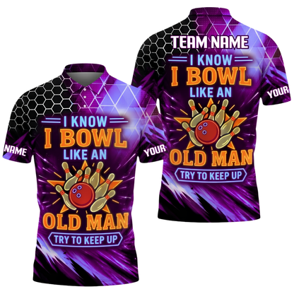 I Know I Bowl An Old Man Try To Keep Up Custom Neon Bowling Mens Polo Shirt, Custom Funny Bowling Shirt For Team BZ1036