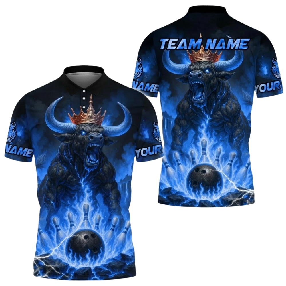 King Bull Custom Mens Flame Bowling Polo Shirt, Custom Bull Bowling Team Shirts BE0221