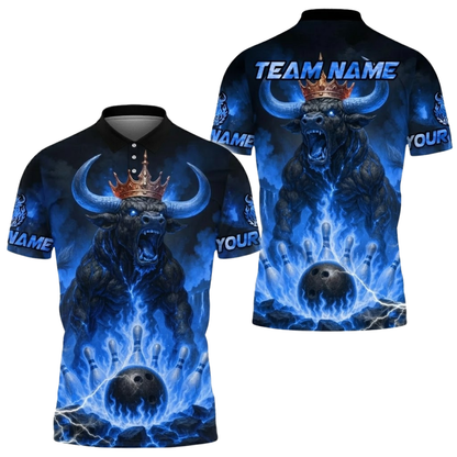 King Bull Custom Mens Flame Bowling Polo Shirt, Custom Bull Bowling Team Shirts BE0221