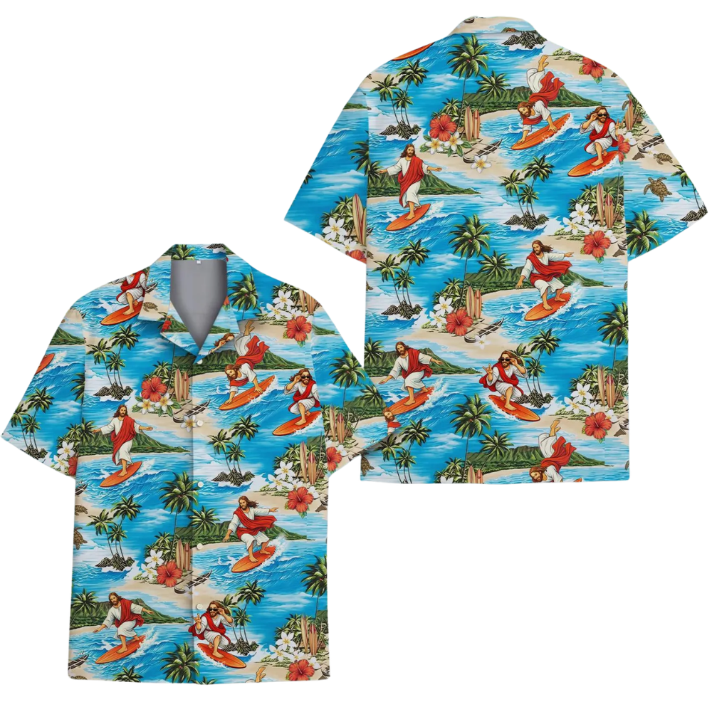 Jesus Surfing Hawaiian Shirt For Men And Women, Christian Funny Beach Hawaiian Shirt HE0381