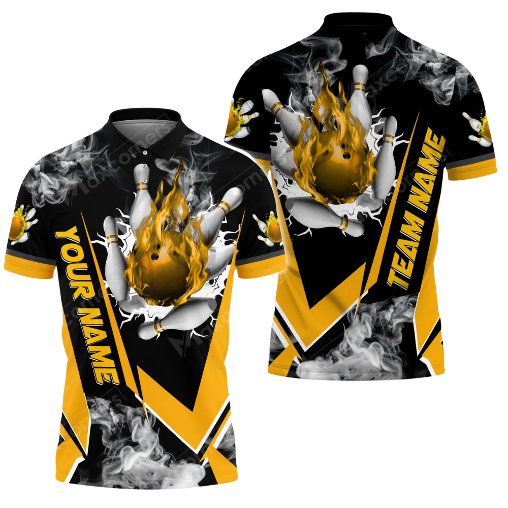 Custom Flaming Ball Red Bowling Mens Polo Shirt, Custom Flame Bowling Team Shirt BZ0811